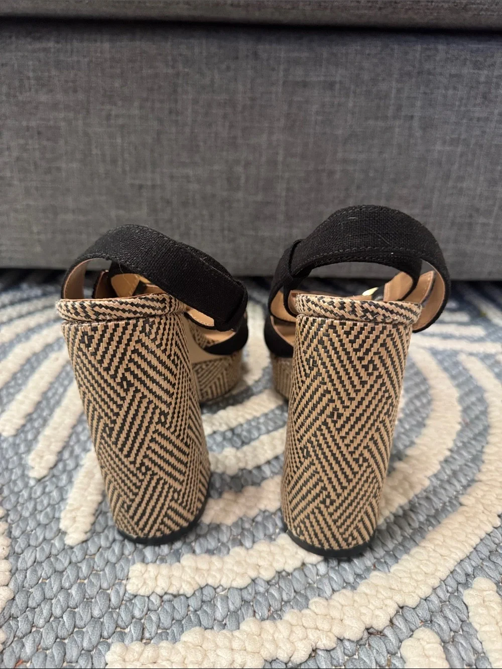 Sam Edelman Nolita Platform Block Heel Sandals Black Linen Raffia Size 10 NWOT